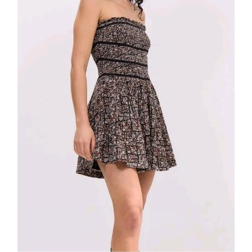 Free People Strapless Floral Dress in Black and Brown